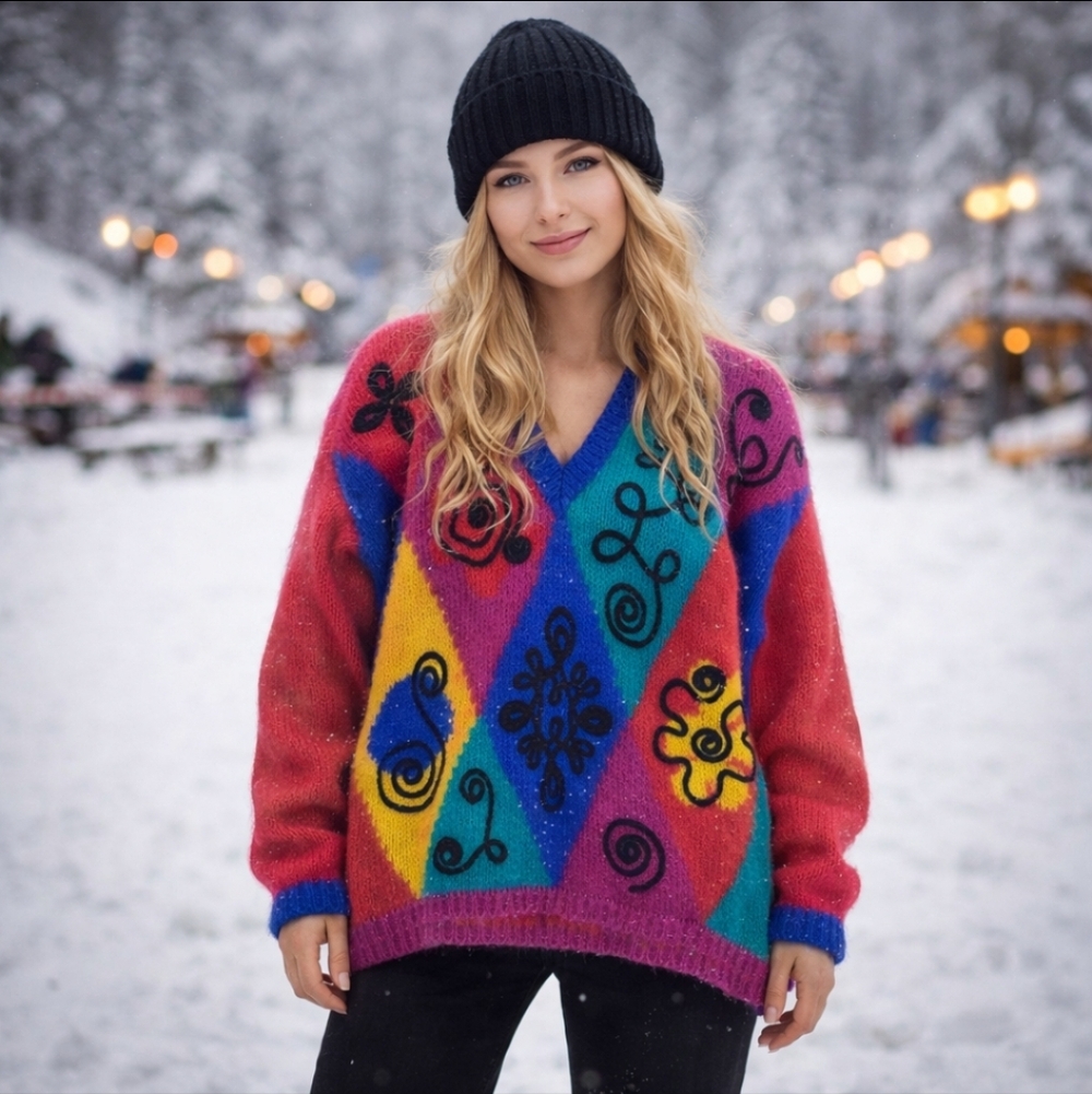 Vtg 90s Limited mohair  Oversized colorblock fuschia pink patterned argyle  M/L